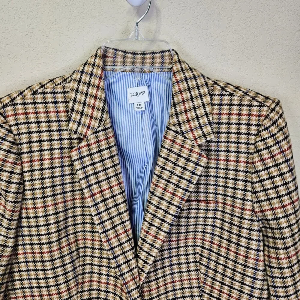 J.Crew Tweed Schoolboy Blazer Women 14 Camel Navy Plaid Gold Crest Buttons NEW